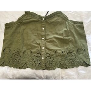 Anthropologie Olive Green Eyelet Lace Hem Button Front Camisole Top Size L NWT